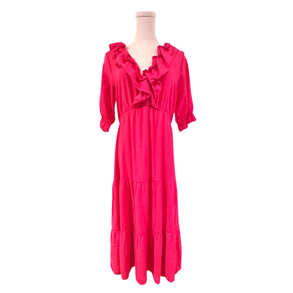 Zara Hot Pink V Neck Tiered Short Sleeve Midi Dress Sundress Medium